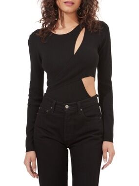 ASTR Black Asymmetrical Cutout Long-Sleeve Bodysuit
